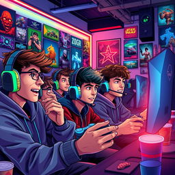 A vibrant and dynamic illustration depicting an intense gaming scene featuring a group of diverse gamers intensely focused on their screens, their expressions a mix of concentration and excitement