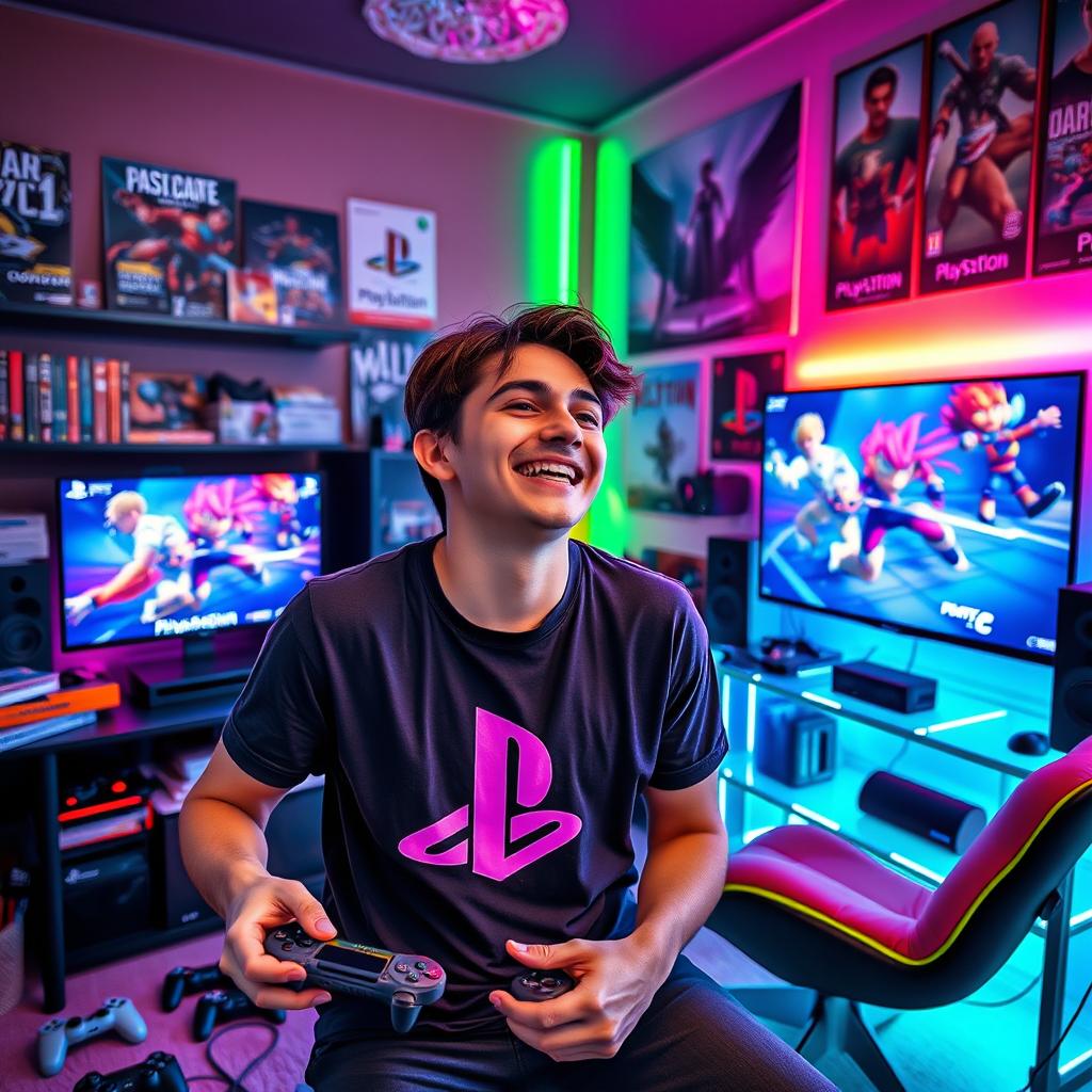 A vibrant and dynamic scene showcasing a passionate PlayStation fan in their gaming setup