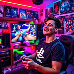 A vibrant and dynamic scene showcasing a passionate PlayStation fan in their gaming setup