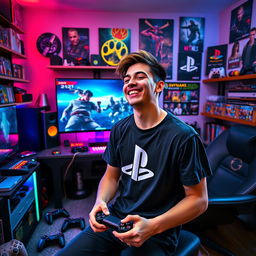 A vibrant and dynamic scene showcasing a passionate PlayStation fan in their gaming setup