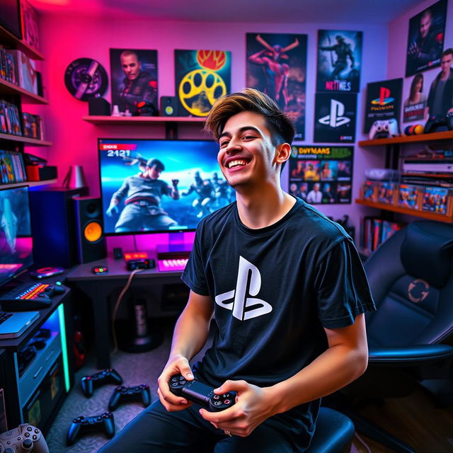 A vibrant and dynamic scene showcasing a passionate PlayStation fan in their gaming setup