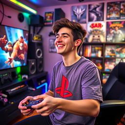 A vibrant and dynamic scene showcasing a passionate PlayStation fan in their gaming setup