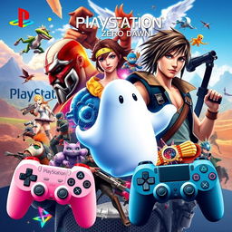 A colorful and dynamic collage featuring iconic PlayStation games throughout the years