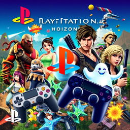 A colorful and dynamic collage featuring iconic PlayStation games throughout the years
