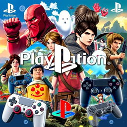 A colorful and dynamic collage featuring iconic PlayStation games throughout the years