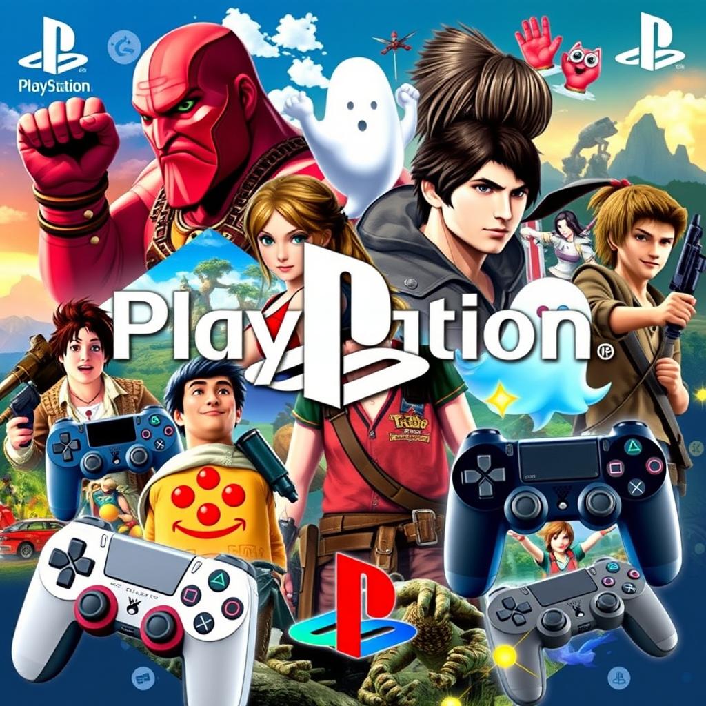 A colorful and dynamic collage featuring iconic PlayStation games throughout the years