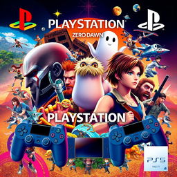 A colorful and dynamic collage featuring iconic PlayStation games throughout the years