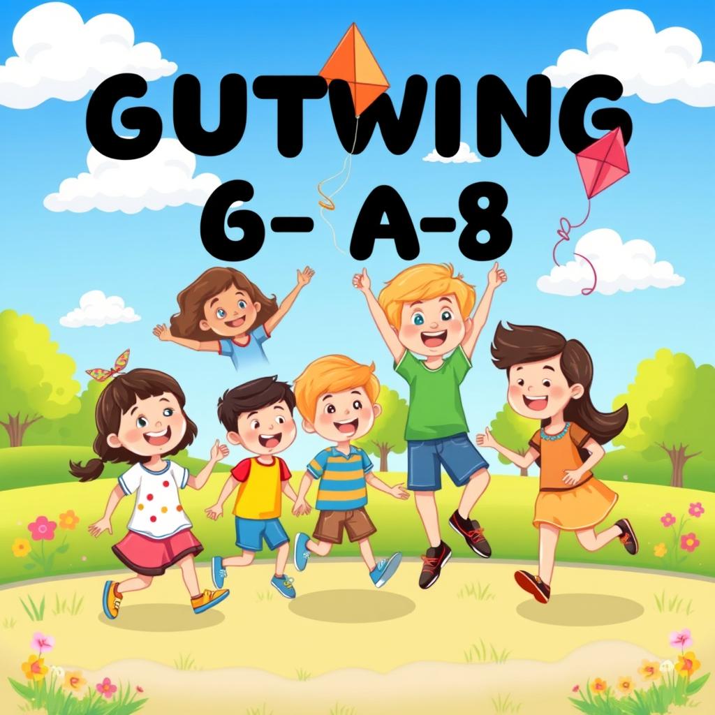 A cheerful and colorful cartoon-style icon depicting children playing together outdoors