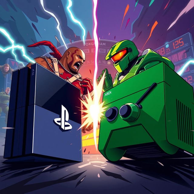 A dramatic illustration depicting a showdown between PlayStation and Xbox, represented by their iconic consoles