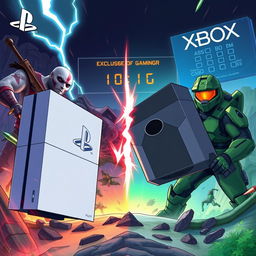 A dramatic illustration depicting a showdown between PlayStation and Xbox, represented by their iconic consoles