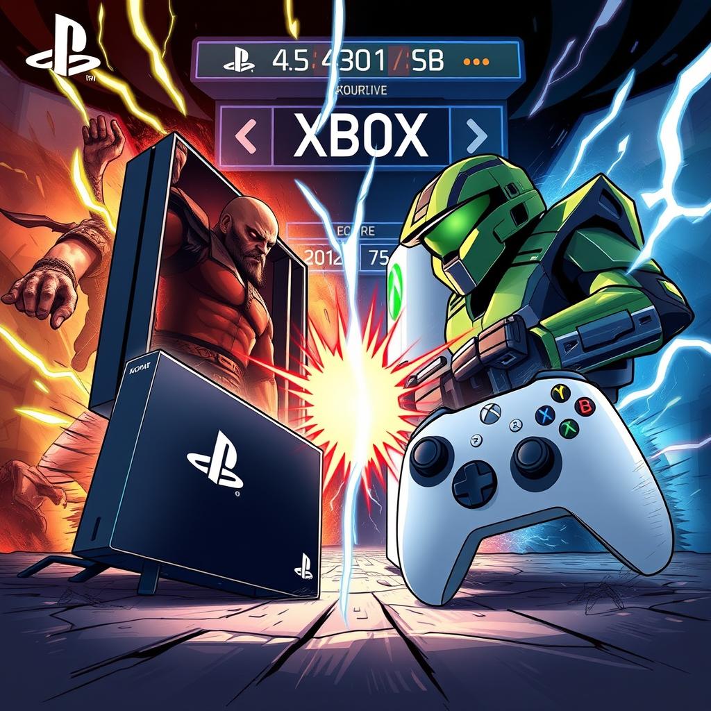 A dramatic illustration depicting a showdown between PlayStation and Xbox, represented by their iconic consoles