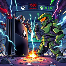 A dramatic illustration depicting a showdown between PlayStation and Xbox, represented by their iconic consoles