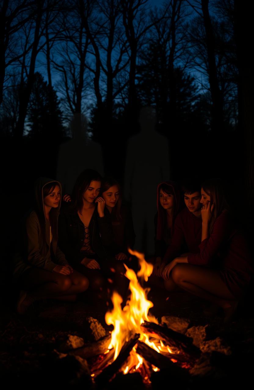 A haunting scene set around a camp bonfire in a dark forest, illuminated by flickering flames casting eerie shadows