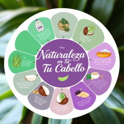 A beautiful and artistic infographic depicting a 7-step hair care line featuring natural products
