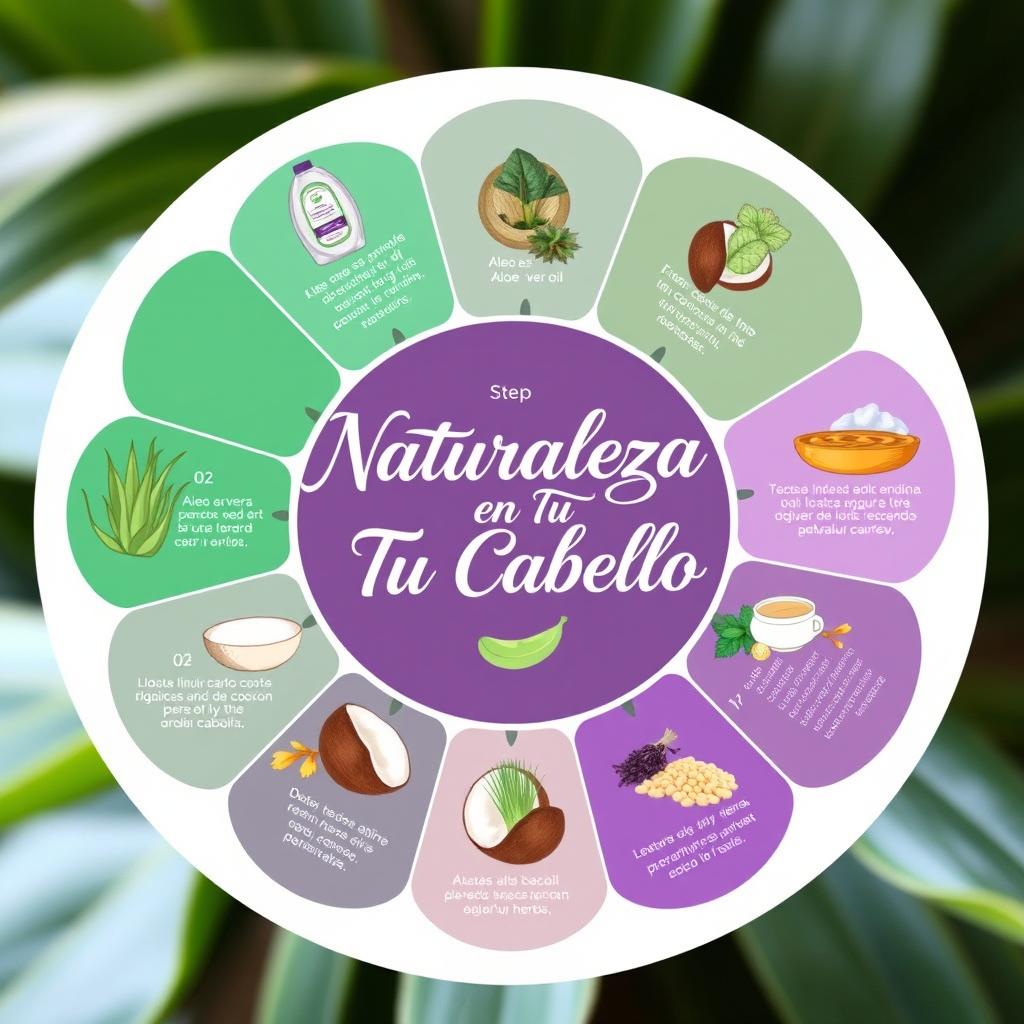 A beautiful and artistic infographic depicting a 7-step hair care line featuring natural products