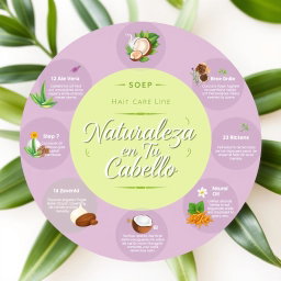 A beautiful and artistic infographic depicting a 7-step hair care line featuring natural products