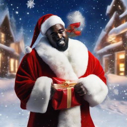 Hip hop artist Kanye West dressed in a joyful Santa Claus costume, his face beaming with a playful smile, holding a glistening bag brimming with gifts, standing in a magical, snowy night scene.