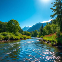 A serene natural landscape featuring a gently flowing river surrounded by lush, green trees, vibrant wildflowers, and a clear blue sky