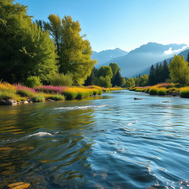 A serene natural landscape featuring a gently flowing river surrounded by lush, green trees, vibrant wildflowers, and a clear blue sky