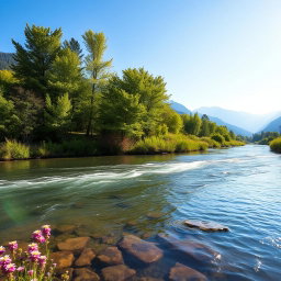 A serene natural landscape featuring a gently flowing river surrounded by lush, green trees, vibrant wildflowers, and a clear blue sky
