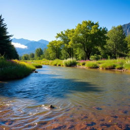 A serene natural landscape featuring a gently flowing river surrounded by lush, green trees, vibrant wildflowers, and a clear blue sky
