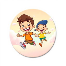 A vibrant and whimsical cartoon scene featuring a cartoon boy with a big smile, running joyfully