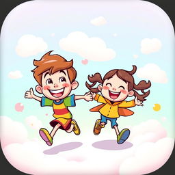 A vibrant and whimsical cartoon scene featuring a cartoon boy with a big smile, running joyfully
