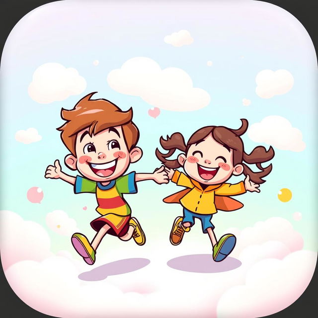 A vibrant and whimsical cartoon scene featuring a cartoon boy with a big smile, running joyfully