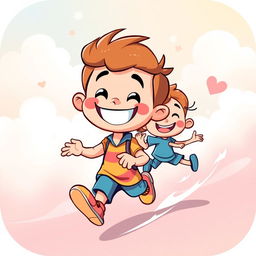 A vibrant and whimsical cartoon scene featuring a cartoon boy with a big smile, running joyfully