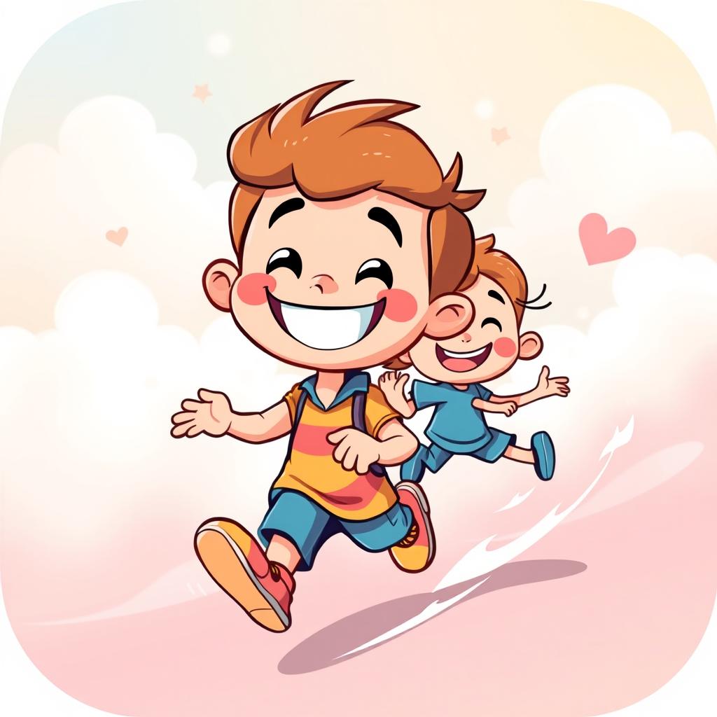 A vibrant and whimsical cartoon scene featuring a cartoon boy with a big smile, running joyfully