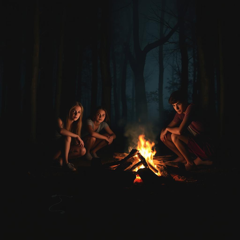 A dramatic camp bonfire scene in a dark, eerie forest at night, with flickering flames casting shadows on the trees