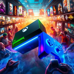 A dynamic digital artwork showcasing the Xbox brand prominently overcoming the PlayStation store platform