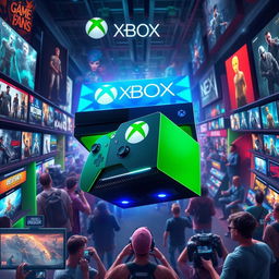 A dynamic digital artwork showcasing the Xbox brand prominently overcoming the PlayStation store platform