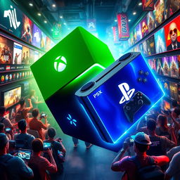 A dynamic digital artwork showcasing the Xbox brand prominently overcoming the PlayStation store platform