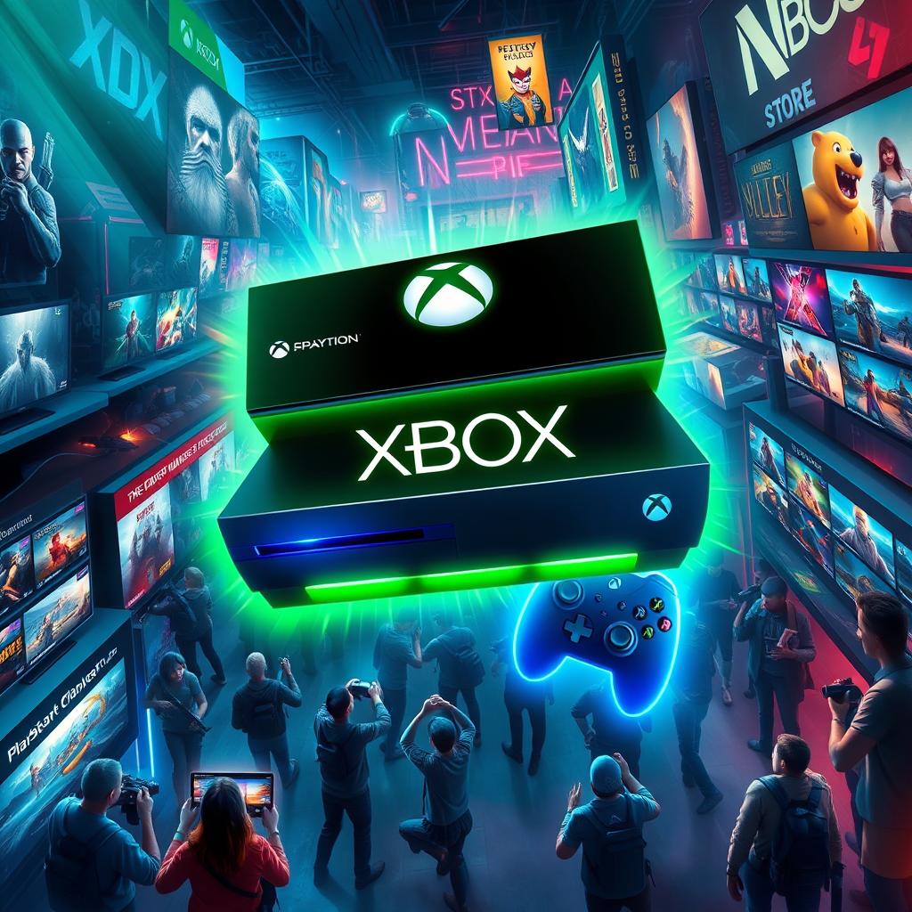 A dynamic digital artwork showcasing the Xbox brand prominently overcoming the PlayStation store platform