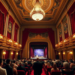 A classic theater interior with grand architecture, featuring a large, ornate chandelier hanging from a high ceiling, rich red velvet curtains drawn to the sides, rows of plush seats facing a luxurious stage