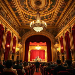 A classic theater interior with grand architecture, featuring a large, ornate chandelier hanging from a high ceiling, rich red velvet curtains drawn to the sides, rows of plush seats facing a luxurious stage