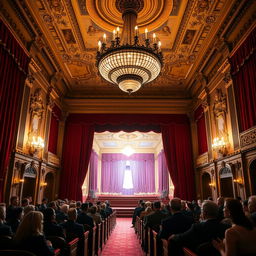 A classic theater interior with grand architecture, featuring a large, ornate chandelier hanging from a high ceiling, rich red velvet curtains drawn to the sides, rows of plush seats facing a luxurious stage