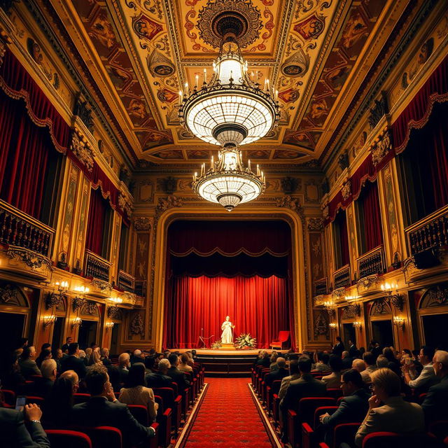 A classic theater interior with grand architecture, featuring a large, ornate chandelier hanging from a high ceiling, rich red velvet curtains drawn to the sides, rows of plush seats facing a luxurious stage