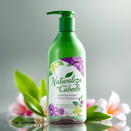 An elegant and visually appealing bottle of nourishing shampoo featuring a sleek design with a combination of green and purple colors
