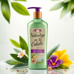 An elegant and visually appealing bottle of nourishing shampoo featuring a sleek design with a combination of green and purple colors