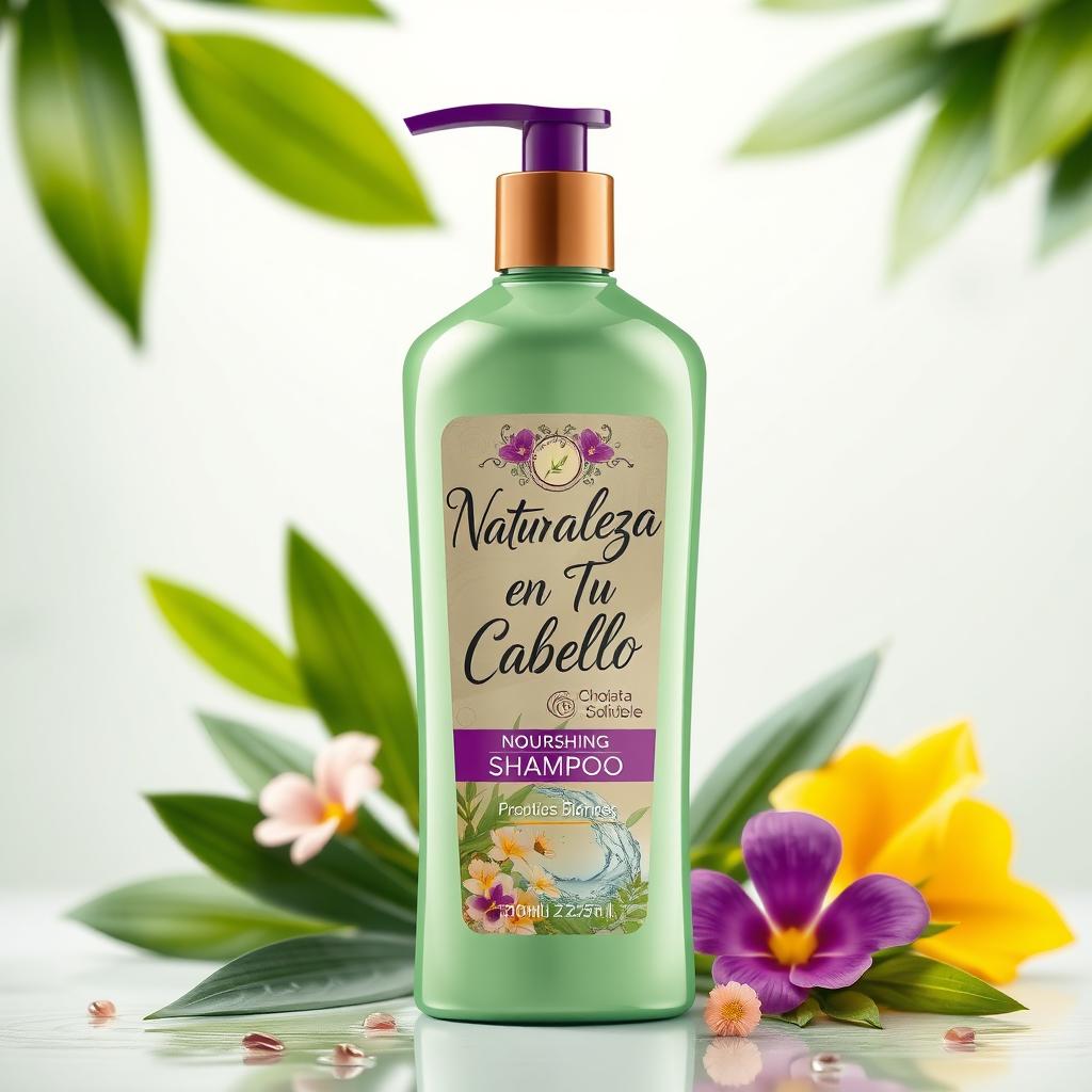 An elegant and visually appealing bottle of nourishing shampoo featuring a sleek design with a combination of green and purple colors