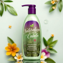 An elegant and visually appealing bottle of nourishing shampoo featuring a sleek design with a combination of green and purple colors