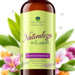 An elegant and visually appealing bottle of nourishing shampoo featuring a sleek design with a combination of green and purple colors