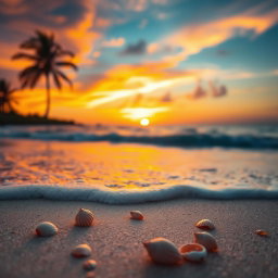 A serene and peaceful beach scene at sunset with vibrant colors in the sky, capturing the beauty of nature
