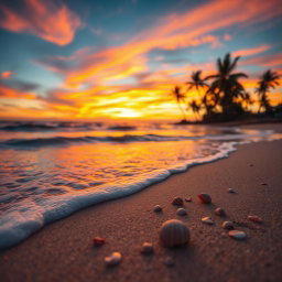 A serene and peaceful beach scene at sunset with vibrant colors in the sky, capturing the beauty of nature