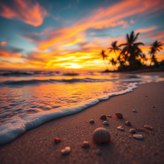A serene and peaceful beach scene at sunset with vibrant colors in the sky, capturing the beauty of nature