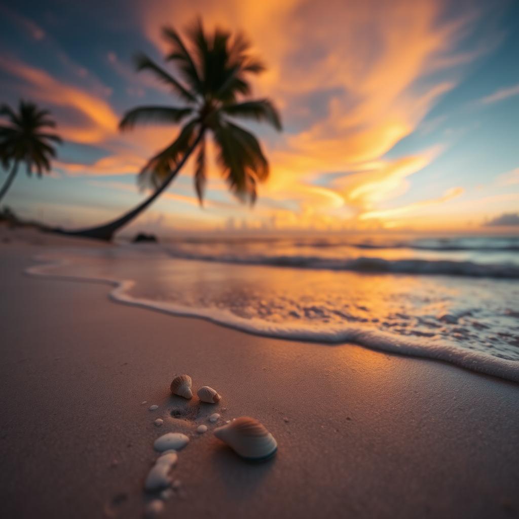 A serene and peaceful beach scene at sunset with vibrant colors in the sky, capturing the beauty of nature