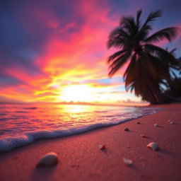 A serene and peaceful beach scene at sunset with vibrant colors in the sky, capturing the beauty of nature