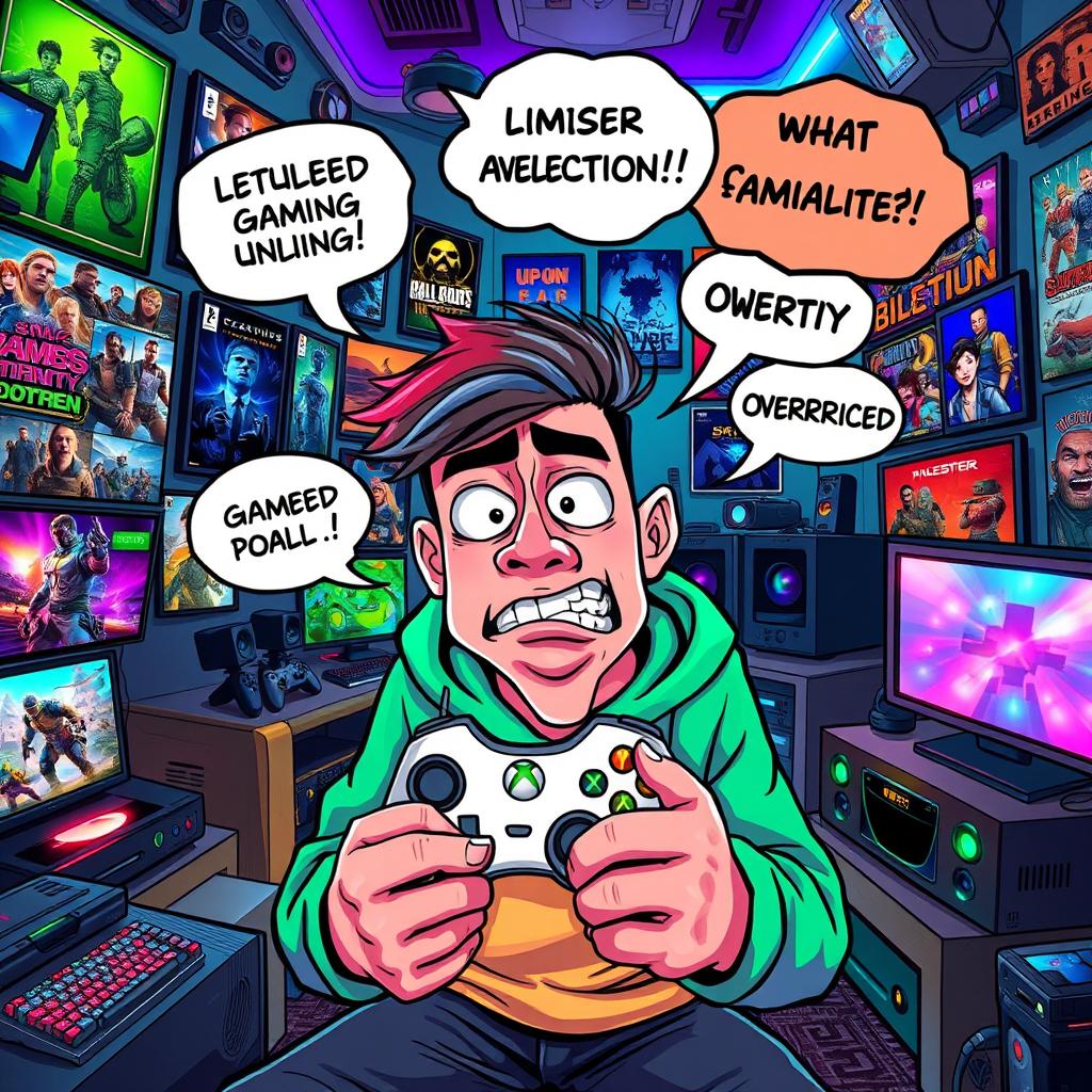 A visually striking and dynamic illustration representing a gamer in frustration, surrounded by video game consoles and game titles, with an expressive, exaggerated facial expression